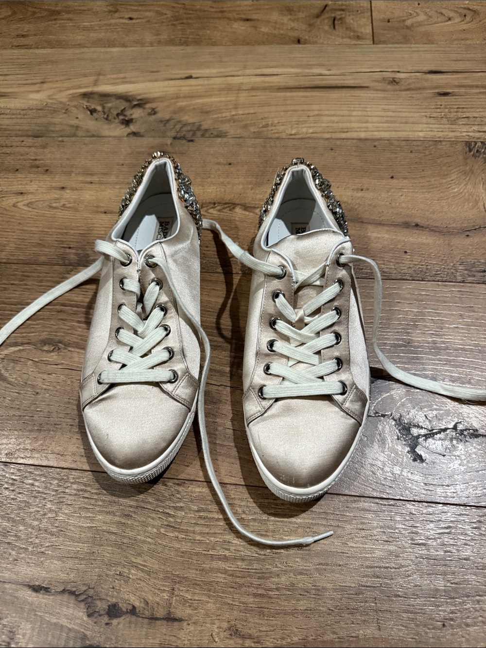 Badgley Mischka Cream Satin Sneakers with Crystal Heel Trim